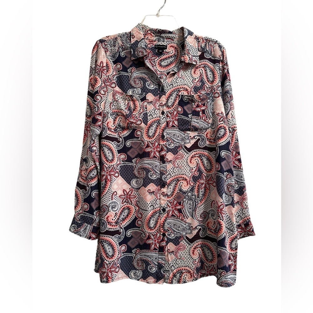 New Directions Paisley Button Up Blouse Womens Large Roll Tab Pockets Multicolor